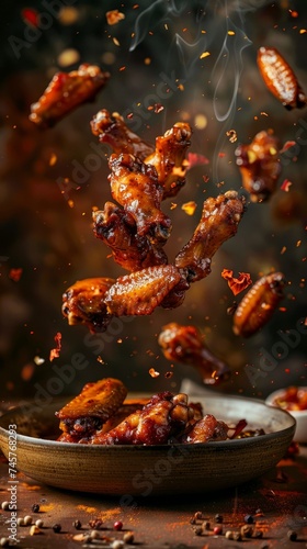 Crispy Chicken Wings Suspended Midair with Tangy Sauce and Aromatic Spices