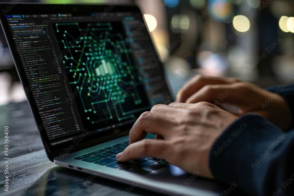 Close up of a businessman's hand typing on a laptop for internet network security. Cyber security and privacy concepts to protect data. Close up of a businessman's hand typing on a laptop for internet network security. Cyber security and privacy concepts to protect data.