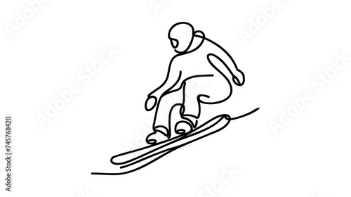 One continuous line drawing of young sporty man snowboarder riding snowboard and jump at alps snowy powder mountain.