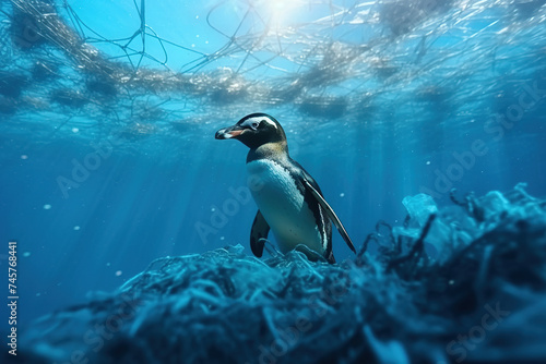 Penguin entangled in plastic waste  representing marine conservation efforts. Urgent call to save the ocean from plastic pollution.