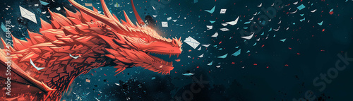 A digital illustration of spam emails being incinerated by a red dragon symbolizing the fight against digital overload
