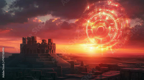 A dramatic sunset over ancient ruins zodiac symbols glowing with ethereal energy invoking a deep belief in destiny photo