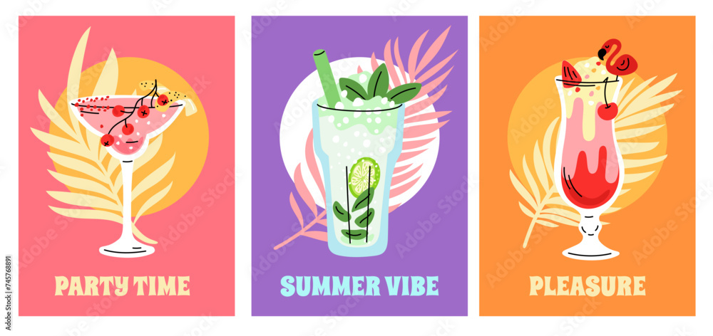 Cocktail drinks cards. Summer party beverages. Various liqueurs and sodas. Alcohol tropical compositions. Pina colada glass. Cold mojito. Margarita decorated with fruits. Garish vector set