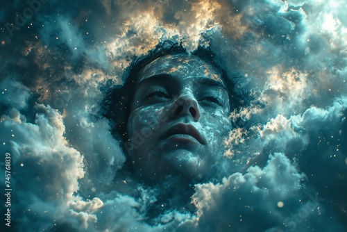 The dreaming face of a man in the clouds