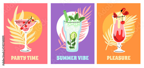 Cocktail drinks cards. Summer party beverages. Various liqueurs and sodas. Alcohol tropical compositions. Pina colada glass. Cold mojito. Margarita decorated with fruits. Garish vector set