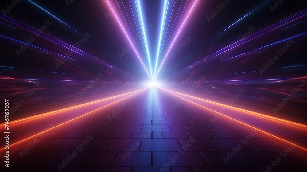 Background wall with neon lines and rays. Background dark corridor with neon light. Abstract background with lines and glow. Wet asphalt, neon smoke Background wall with neon lines and rays. Background dark corridor with neon light. Abstract background with lines and glow. Wet asphalt, neon smoke