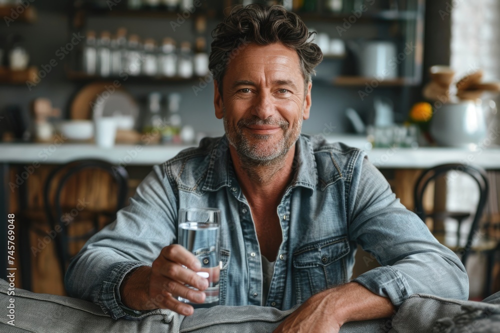 middle-aged man in casual clothes at home holding pill and glass of fresh water. ai generated