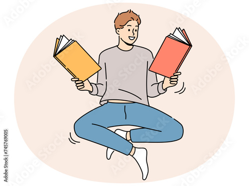 Smiling man floating in air reading books. Happy male reader enjoy literature. Bookworm and hobby concept. Vector illustration.