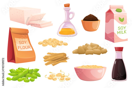 Cartoon soy products. Vegetable protein from legumes. Tofu cheese. Plant butter. Seed flour and sauce. Vegetarian meat substitutes. Miso and soymilk. Beans oil. Vector diet food set