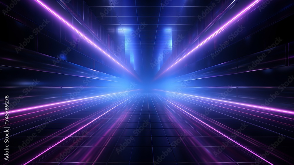 Background wall with neon lines and rays. Background dark corridor with neon light. Abstract background with lines and glow. Wet asphalt, neon smoke