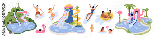 Cartoon happy water park visitors. Funny people in aquapark. Adults and children ride down slides. Plastic attractions. Waterpark entertainment. Family summer leisure. Garish vector set
