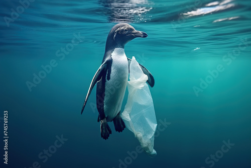 Penguin trapped in plastic, showing the impact of pollution.
