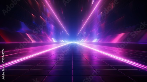Background wall with neon lines and rays. Background dark corridor with neon light. Abstract background with lines and glow. Wet asphalt, neon smoke © Elchin Abilov