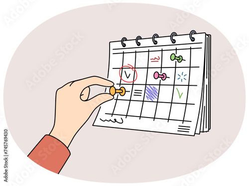Person hand attach pin on calendar hanging on wall. Businessperson make plans on month schedule. Time management concept. Vector illustration.