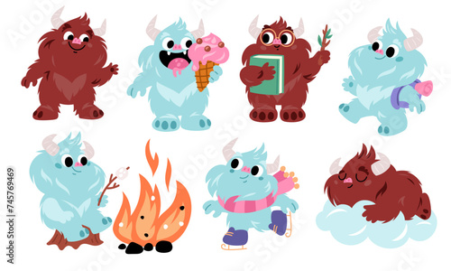 Cartoon bigfoot characters. Fantasy humanoid creatures. Fluffy yeti eating ice cream. Furry animal reading book. White and brown sasquatches. Monster in different poses. Garish vector set
