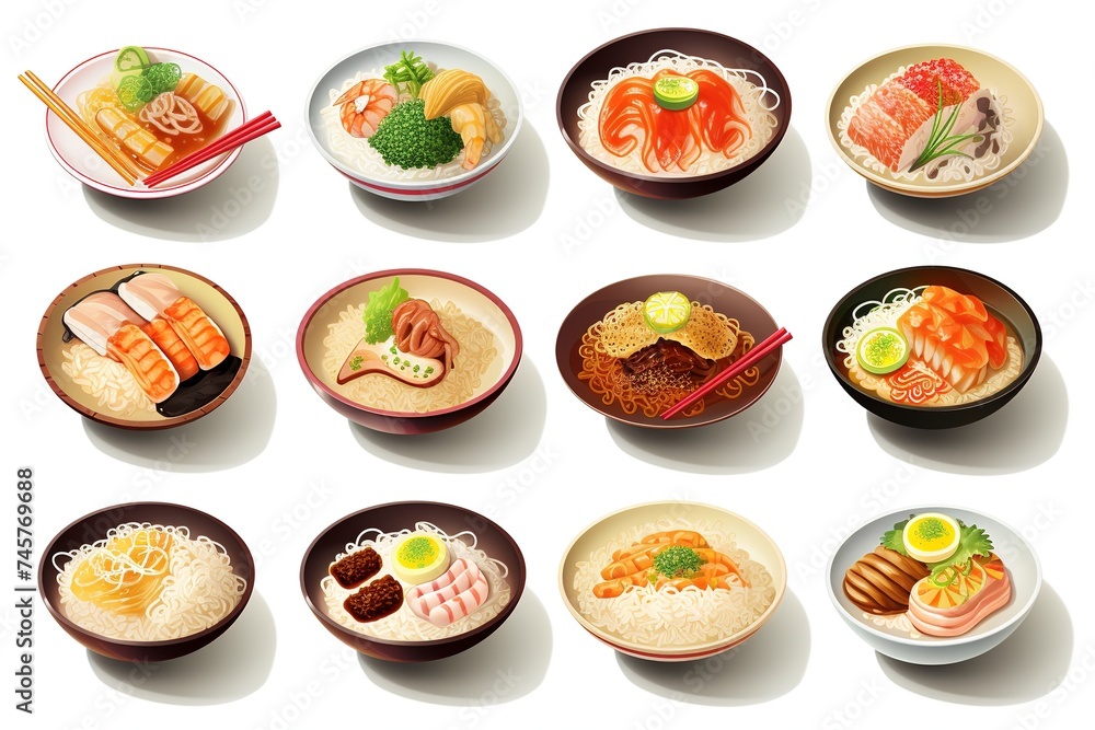 Set of 3d Japanese food icons, ramen noodle, Sashimi, Tempura, Tonkatsu, sushi, Curry Rice, yakitori, Takoyaki, shabu, Yakiniku, beef rice, Bento Rice, isolated on white background Set of 3d Japanese food icons, ramen noodle, Sashimi, Tempura, Tonkatsu, sushi, Curry Rice, yakitori, Takoyaki, shabu, Yakiniku, beef rice, Bento Rice, isolated on white background