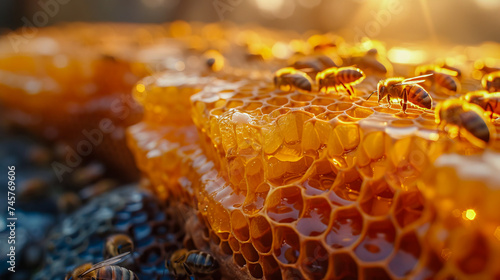 Honey bees on honeycomb in apiary in summertime