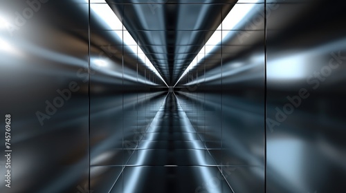 Futuristic Reflective Metal Tunnel with Geometric Symmetry.