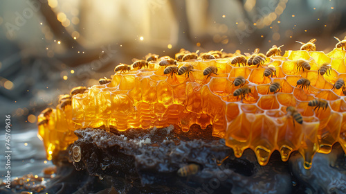 Honey bees on honeycomb in apiary in summertime