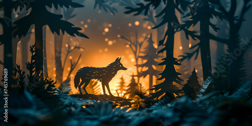 A wolf forest with autumn leaves snowclad with sunrise with clear fresh atmosphere blurred background photo