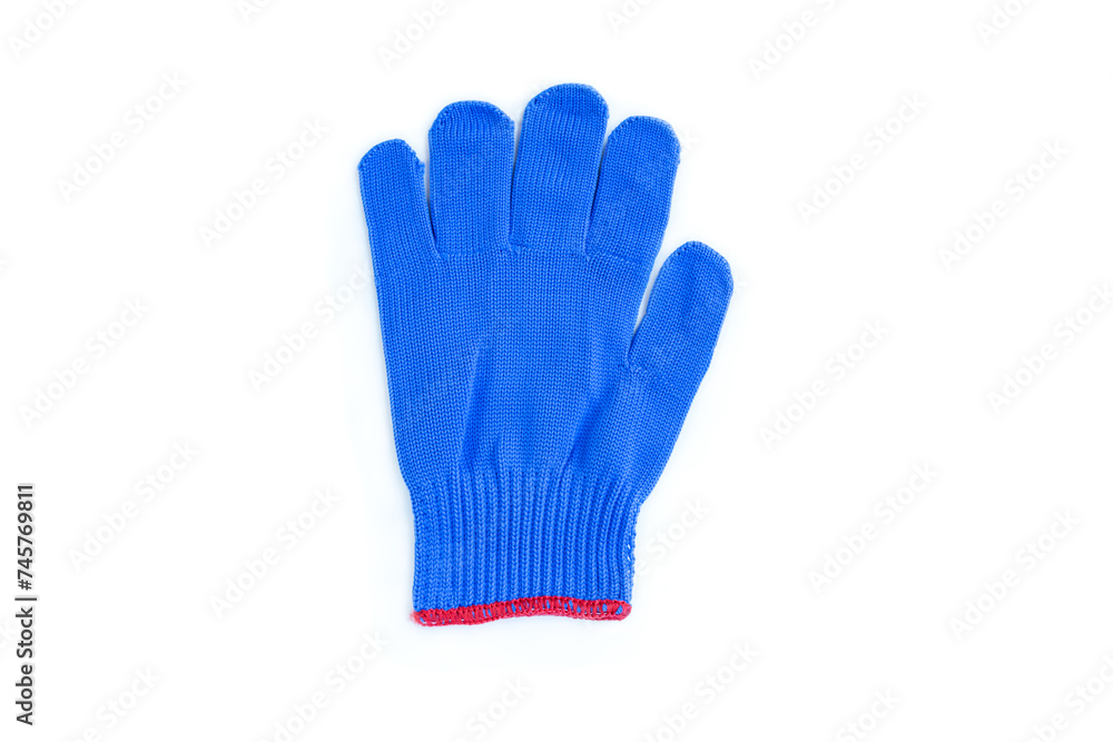 Blue fabric glove with red edge isolated on white background, Blue cotton gloves Blue fabric glove with red edge isolated on white background, Blue cotton gloves