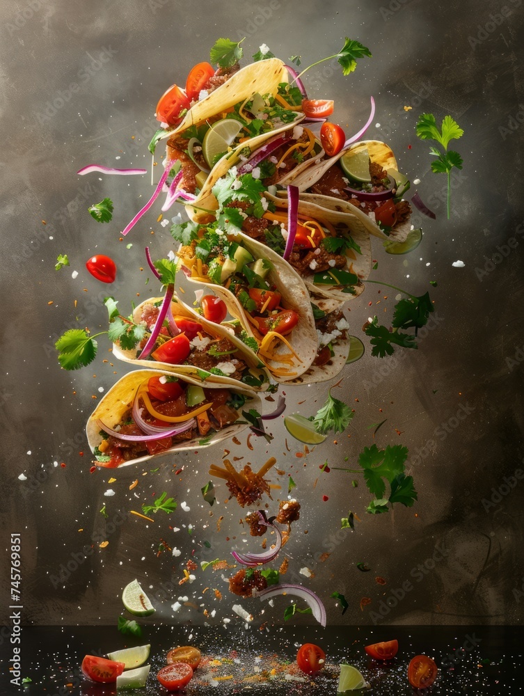 Visually Enticing and Mouthwatering Plate of Sizzling Tacos Suspended Midair