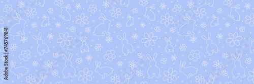 Seamless pattern with Easter bunnies and flowers in hand drawn style. Background for card, invitation and poster. Banner. Vector illustration