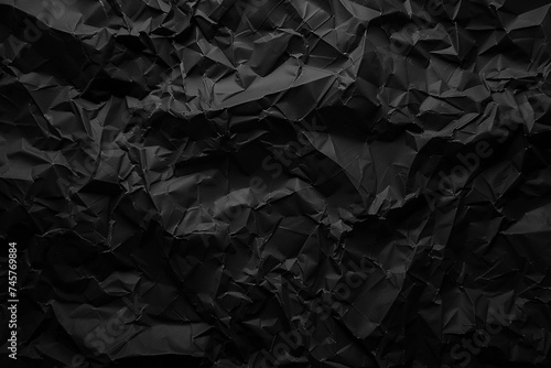Crumpled black paper poster background with worn wrinkles and aged creases