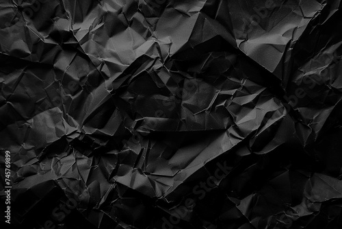 Black crumpled paper texture background. Abstract wrinkled pattern