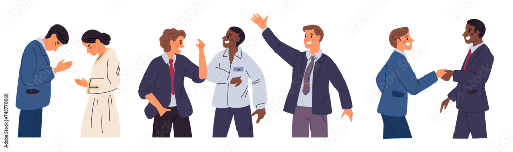 Business people greet each other. Partners handshake. Corporate ethics. Persons communication. Office staff in formal suits. Men and women wave hands. Partnership gesture. Garish vector set Business people greet each other. Partners handshake. Corporate ethics. Persons communication. Office staff in formal suits. Men and women wave hands. Partnership gesture. Garish vector set