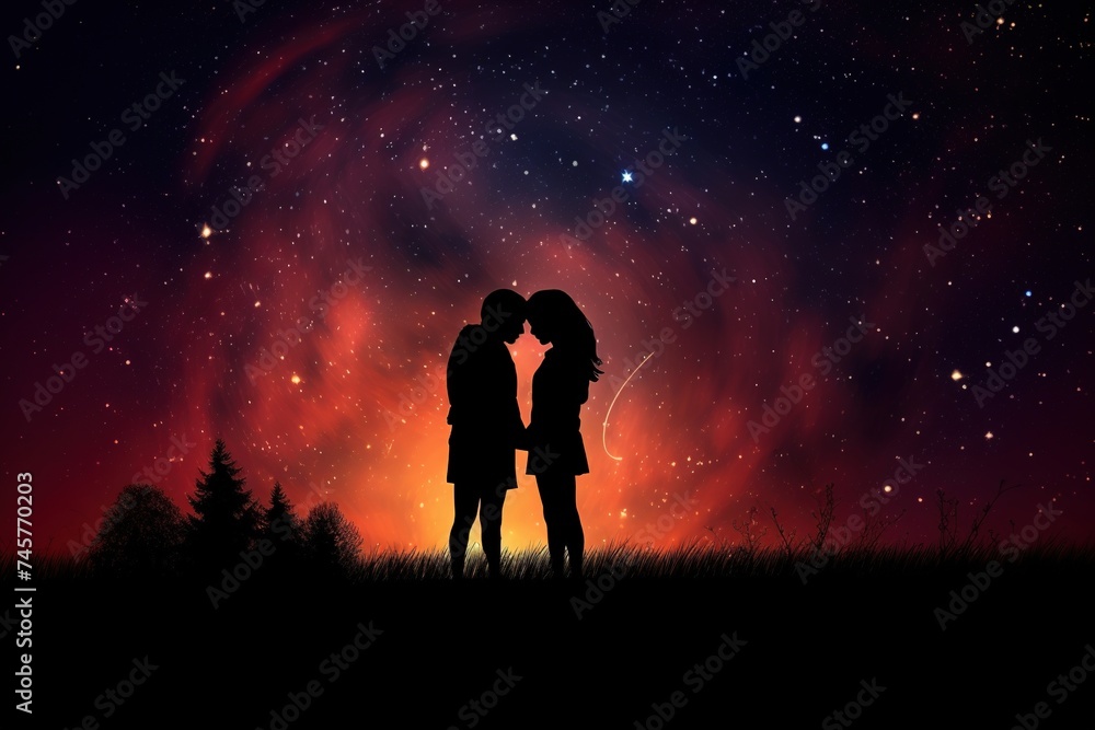 Silhouette of young couple under stars. standing in meadow by night under the galaxy The concept on the theme of love