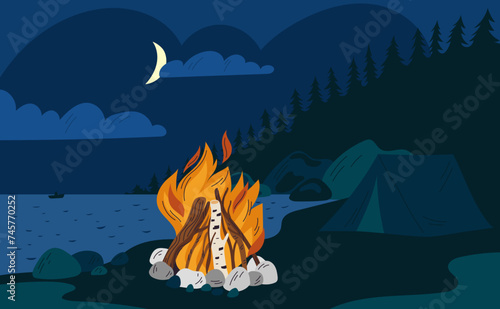 Bonfire in night forest. Tent on river bank. Burning campfire. Outdoor recreation. Hiking travel. Overnight in open air. Nature landscape. Glowing fire in dark. Garish vector concept