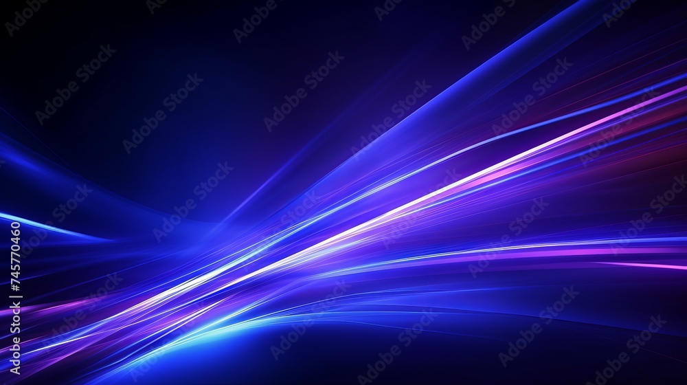 Blur luminous rays. Glowing neon banner. Cyber flare. Defocused ultraviolet navy blue color light lines motion on dark black futuristic abstract background