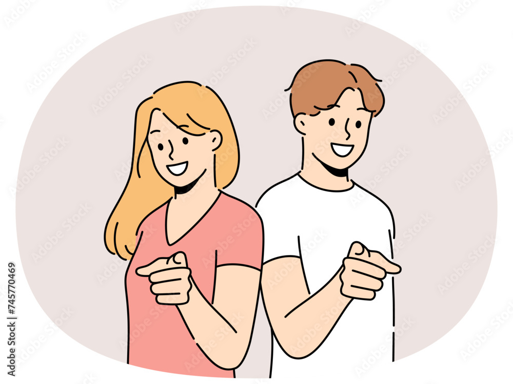 Smiling woman and man point at screen choose audience. Happy people show with finger on screen make choice. Vector illustration. Smiling woman and man point at screen choose audience. Happy people show with finger on screen make choice. Vector illustration.