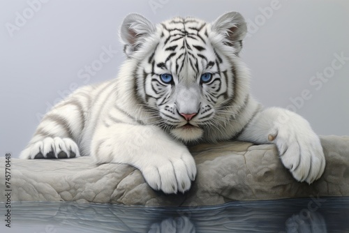 Close-up portrait of a white tiger looking directly at the viewer