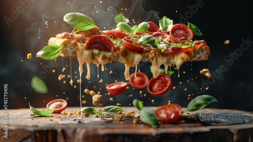 Visually Striking and Delicious Slice of Pepperoni Pizza Suspended Mid-Air