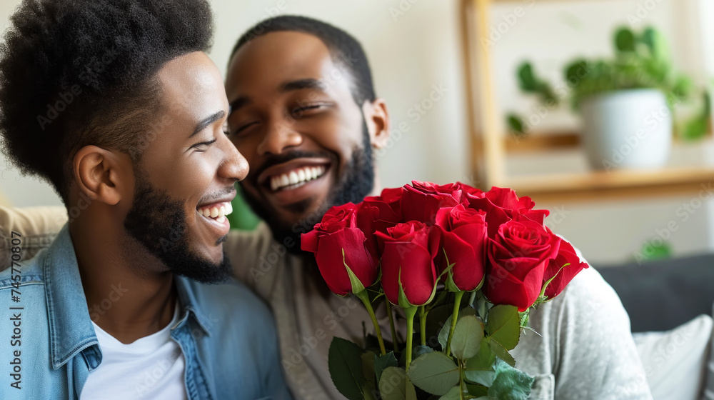 Happy African American gay couple hugging with bouquet flowers. Engagement celebration. Pride concept. Generative AI.