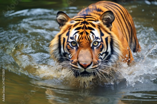 Close-up portrait of a tiger walking gracefully through river