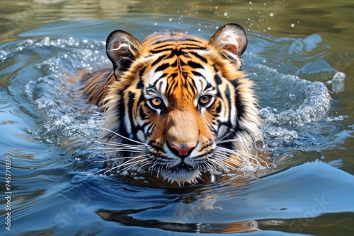 Close-up portrait of a tiger walking gracefully through river