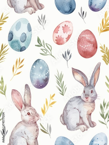 Seamless Colorful Cute Cartoon Rabbits and Easter Eggs Watercolor Pattern on White Background