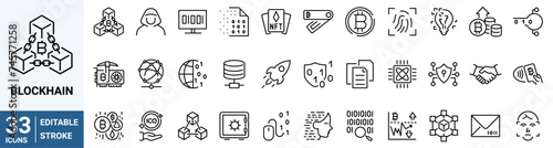 Blockchain package. Bitcoin set of line web icons. Cryptocurrency economy. NFT. Collection of Outline Icons. Vector illustration.