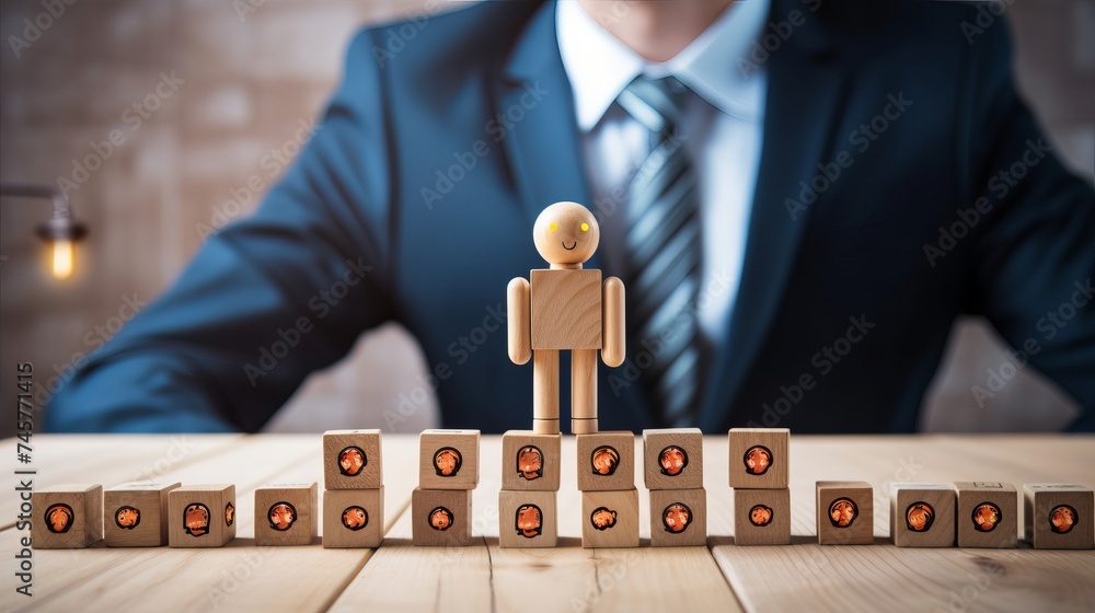 Businessman picked up a wooden block with an Ai icon, surrounded by wooden blocks with a human icon. AI vs human competition.the impact of artificial intelligence and robotics on Unemployment Businessman picked up a wooden block with an Ai icon, surrounded by wooden blocks with a human icon. AI vs human competition.the impact of artificial intelligence and robotics on Unemployment