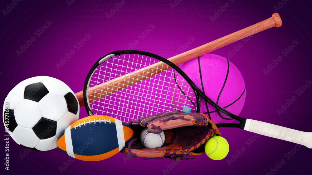 Simple Sports items football badminton and balls on purple background design 