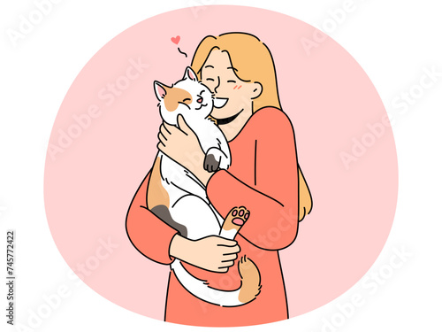 Happy woman hold cat in arms cuddling cute domestic animal. Smiling girl hug fluffy pet. Ownership and friendship. Vector illustration.