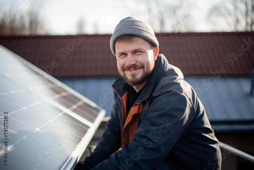 portrait of male solar panel installer looking at camera photo