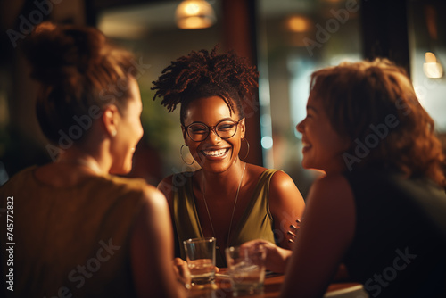 A group of women engaged in a lively conversation. The warm ambiance and blurred background  in a cafe or restaurant. The lighting highlights her face and the joyous interaction among the friends.
