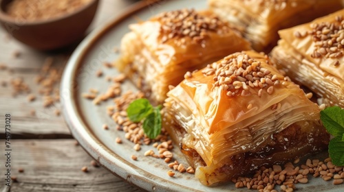 A detailed view of syrupy topped baklava with pistachios on a rustic plate. Pistachio baklava. Close-up. Traditional Middle Eastern Flavors. Traditional Turkish baklava. local name fistikli baklava photo