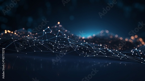 Data technology abstract futuristic illustration . Low poly shape with connecting dots and lines on dark background. 3D rendering . Big data visualization photo