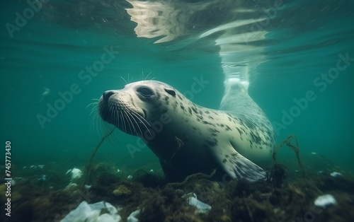 A harbor seal swims underwater with a pile of plastic trash. ecological catastrophy  © say_hope
