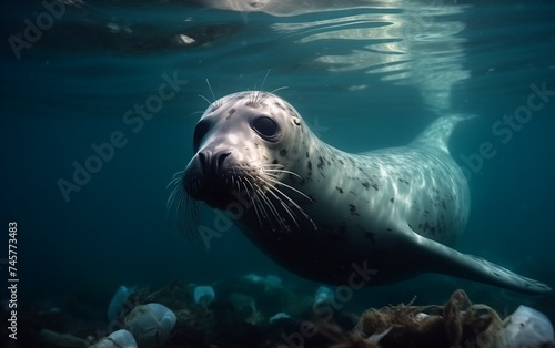 A harbor seal swims underwater with a pile of plastic trash. ecological catastrophy 